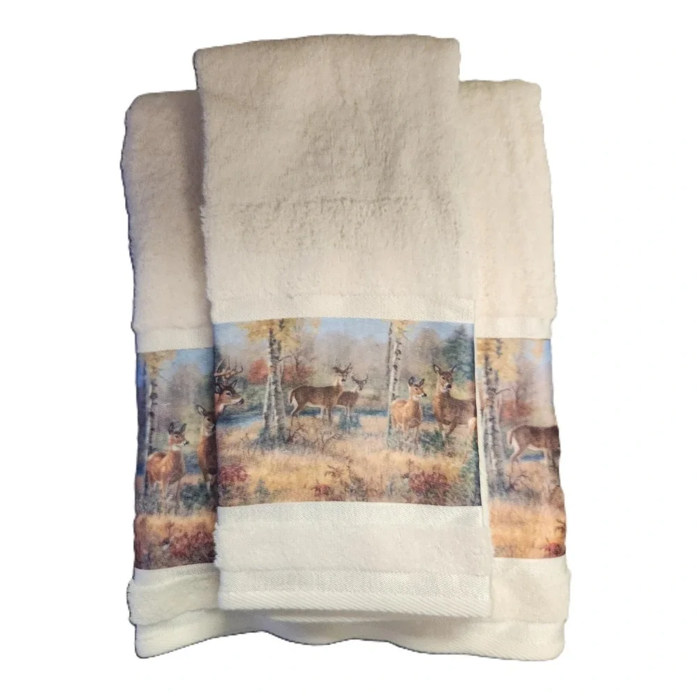 Vintage Towel Set Bath & Hand Woodland White Tail Deer Hunting Lodge Cottagecore